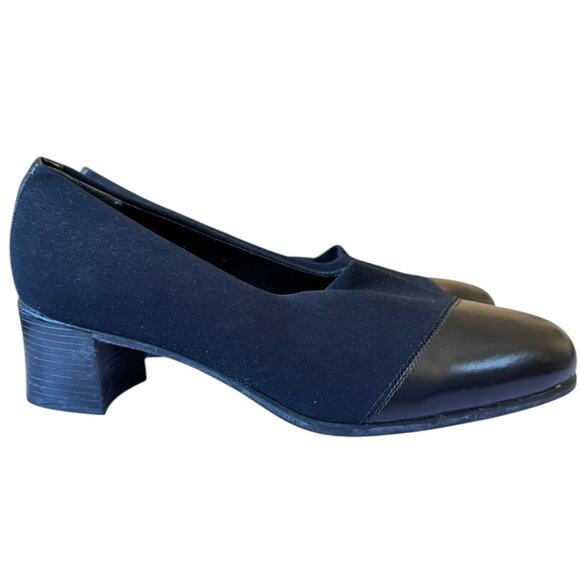 Vintage Munro American 8.5 Slip On Pumps Mid Heel Black Fabric+ Leather, Cap Toe - Picture 3 of 10